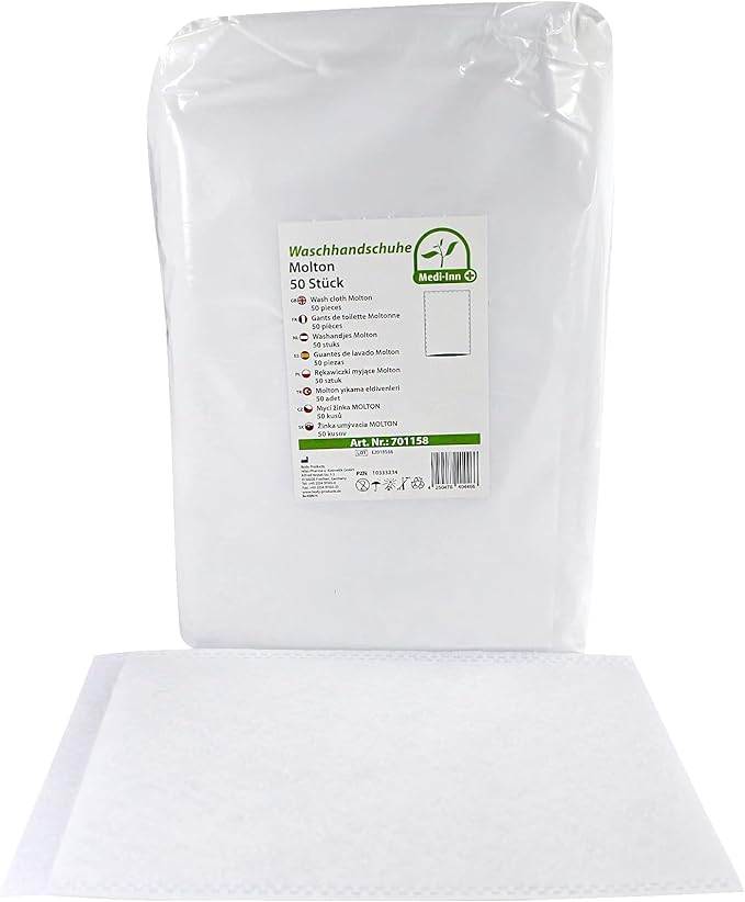 MEDI-INN Waschhandschuhe Molton
verpackt in Stülpbeutel 15 x 22 cm
VE = 20 x 50 Stück = 1.000 Stück
Palette = 18 Kartons = 18.000 Stück

