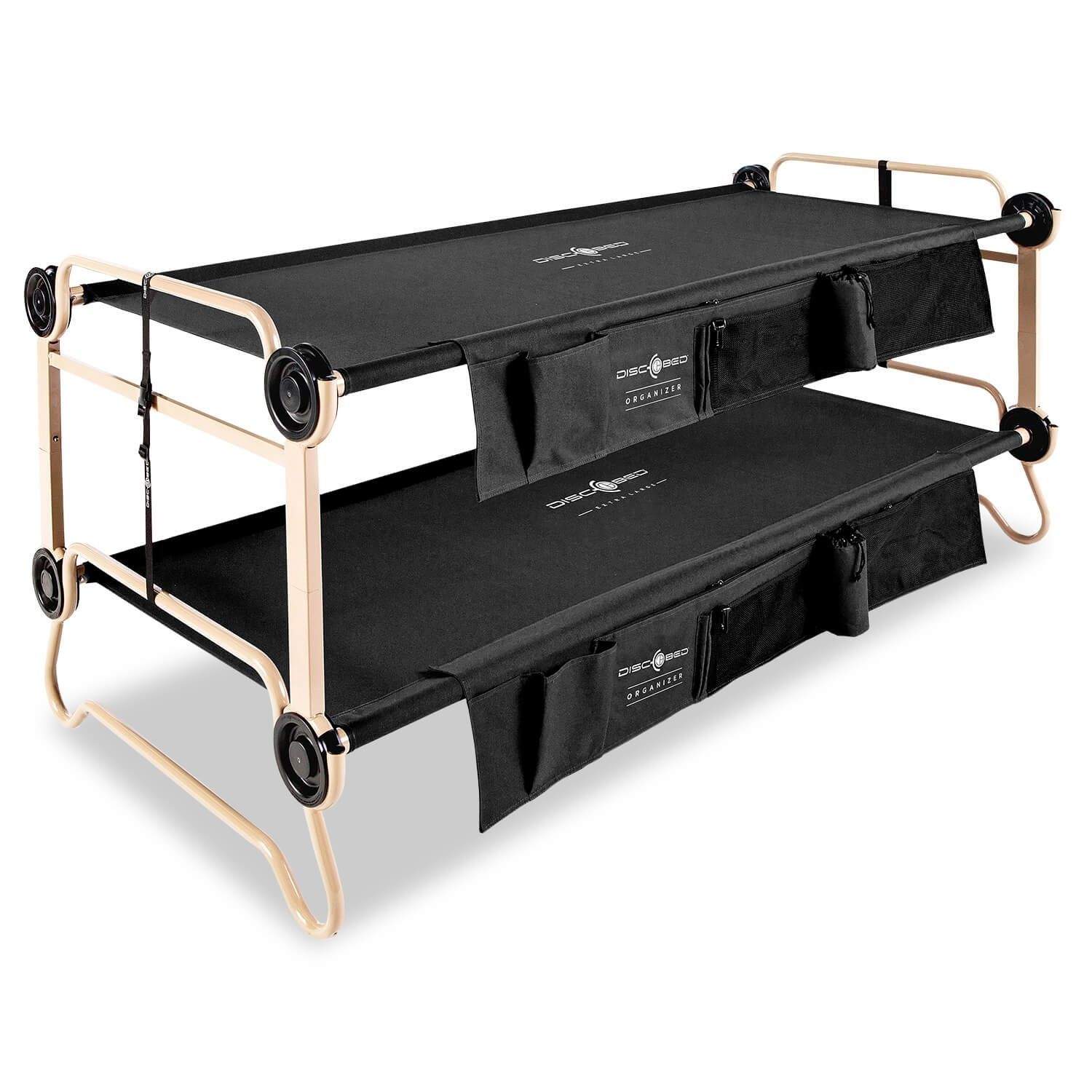 Feld-/Notfallbett, Disc-O-Bed XL
208 x 100 x 92 cm
 
Farbe
•	schwarz
Material
•	Eigenschaften:
o	schwarzer pulverbeschichteter, rostabweisender Stahlrahmen
o	Bezug: 600D Polyester, PU beschichtet
Größe
•	Abmessungen:
o	Außenmaße 208 cm L x 100 cm B x 92 cm H
o	Schlafbereich unteres Bett 201 cm L x 88 cm B x 29 cm H
o	Schlafbereich oberes Bett 201 cm L x 88 cm B x 81 cm H
o	Maße Tragetasche 100 cm L x 39 cm B x 11 cm H
•	Kapazität: 227 kg pro Einzelbett
•	Gewicht:
o	28 kg
Ausstattung
•	Zubehör:
o	inkl. Tasche mit Tragegriff
o	mit Seitentaschen
 
